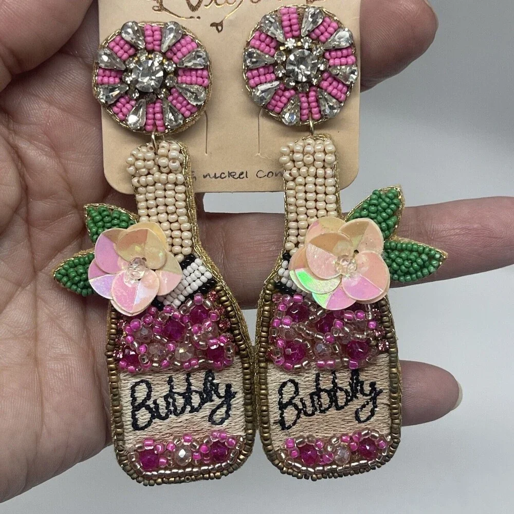 Viola Pink Champaign Bubbly Beaded Earrings New